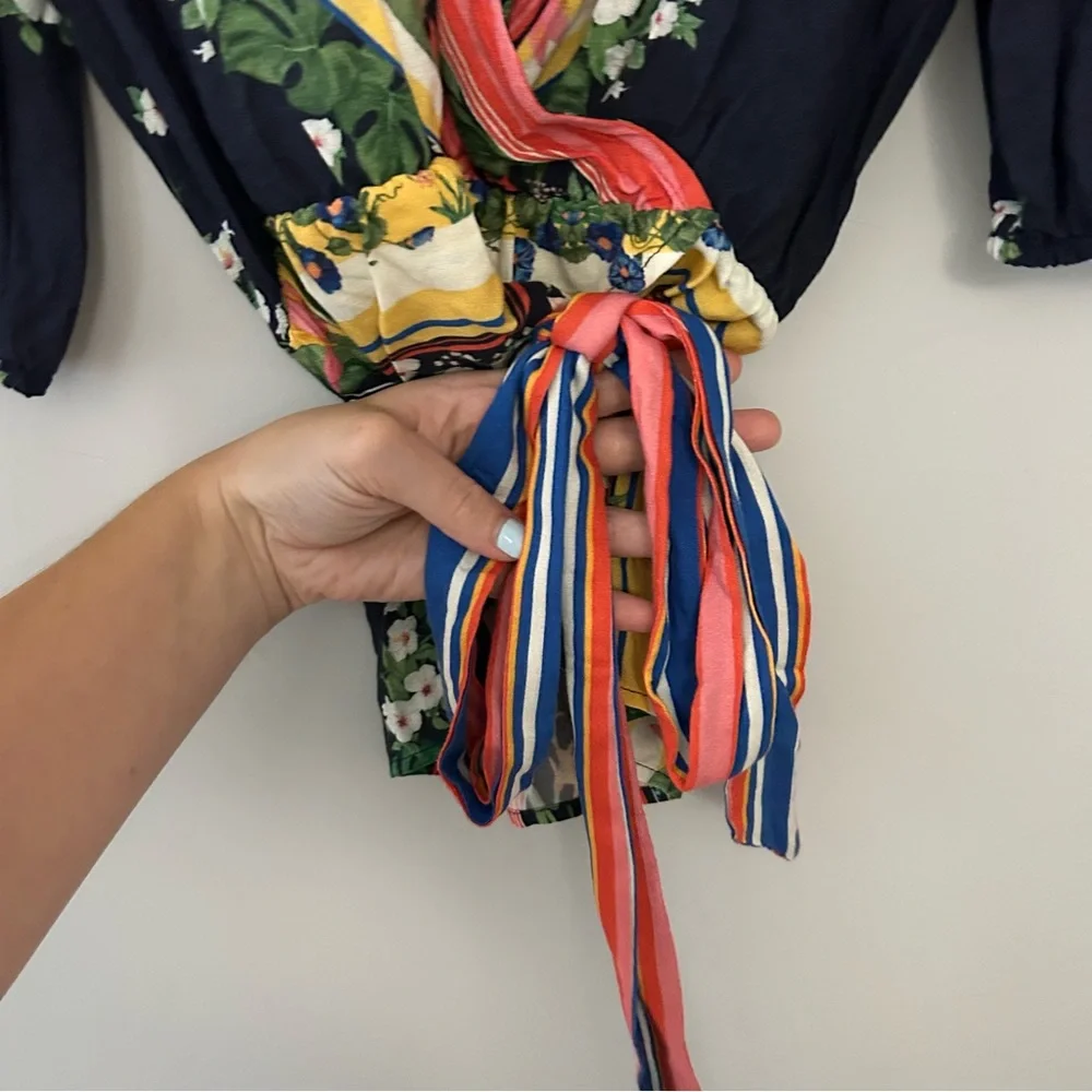 FARM Rio Navy Floral Wrap Blouse with Multicolor Stripe Sash